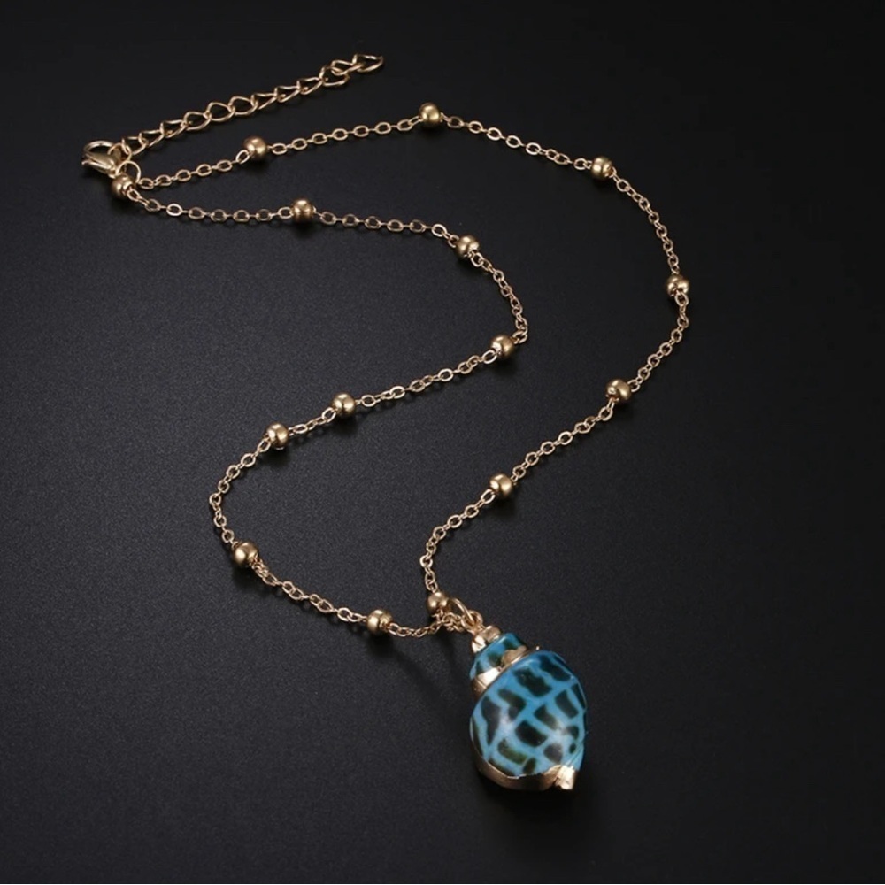 New 18k Gold Plated Blue Ombr Natural Tulip Seashell Bohemian Boho Necklace 30$